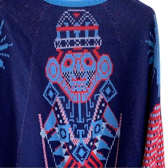 Vintage Sturbridge Tribal Aztec Knit Sweater Poncho Boho Blue Red Indian Buttons - Picture 4 of 10